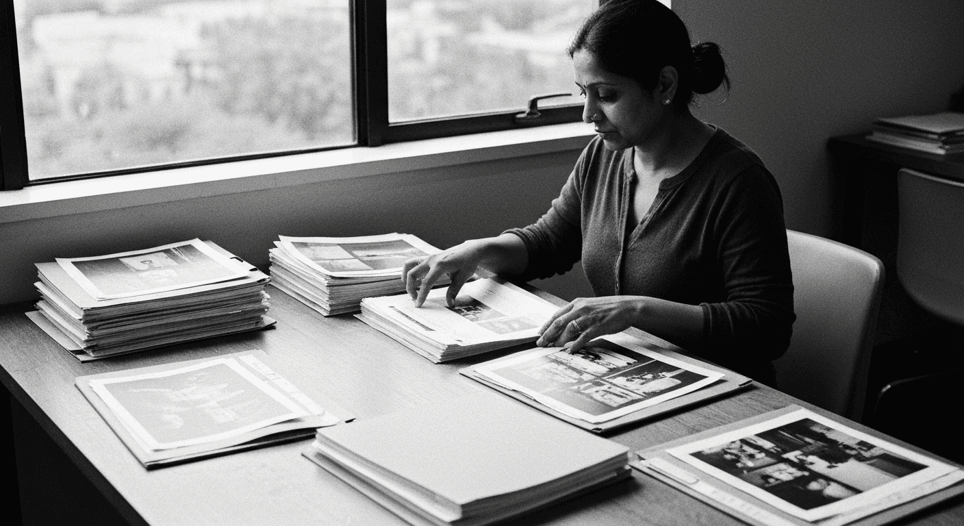 Woman sorting printed images and documents into separate labeled folders on a table by a window, reviewing each item before p