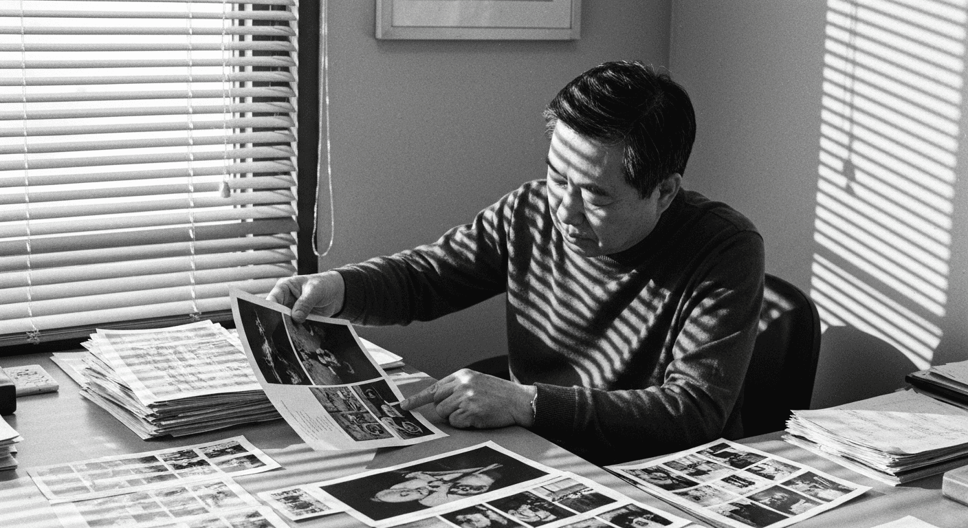 Man in office examining stacks of printed photos, organizing them into separate piles on his desk, venetian blinds casting sh