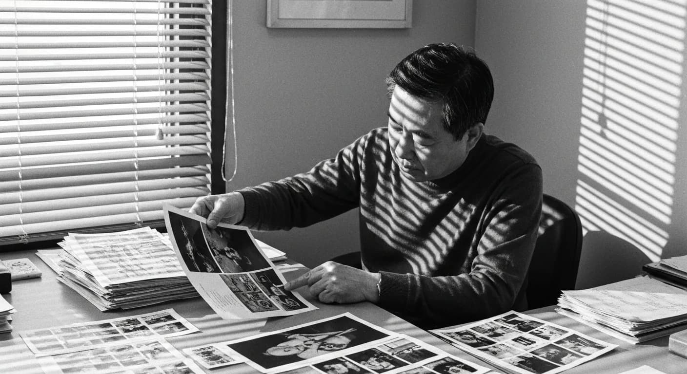 Man in office examining stacks of printed photos, organizing them into separate piles on his desk, venetian blinds casting sh