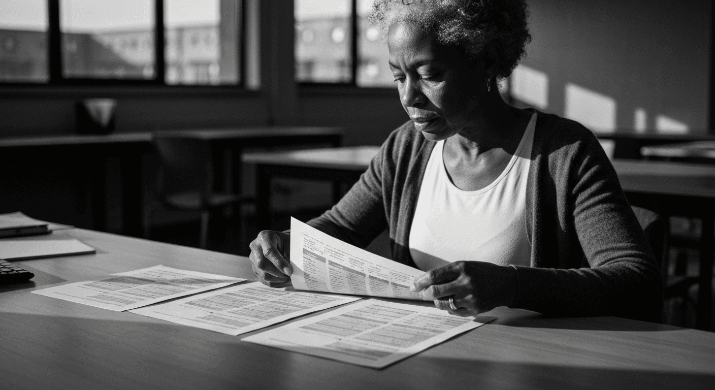 Woman arranging and comparing multiple printed evaluation sheets on a desk, studying them with concentrated attention as even