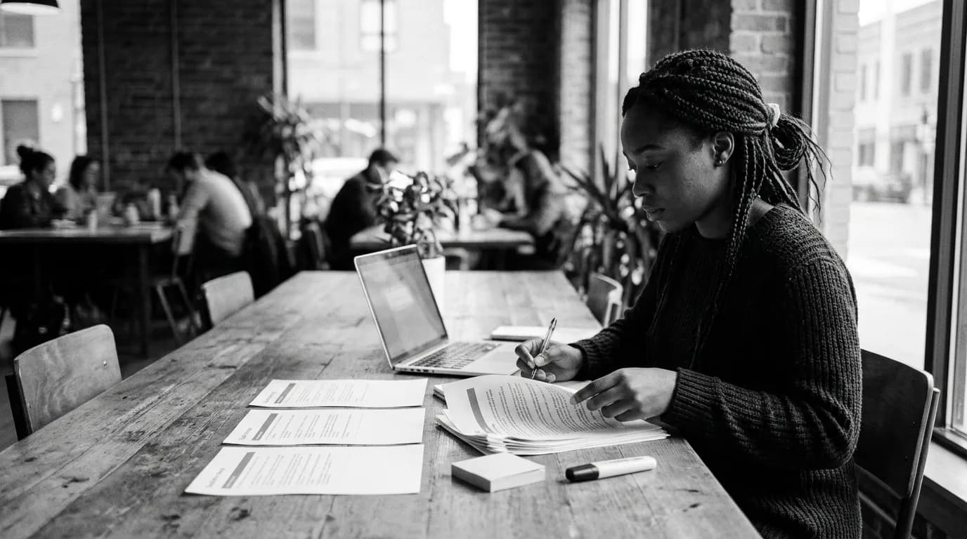 A woman with braided hair sits by a large window in a co-working space, sorting printed guideline pages into a neat row besid
