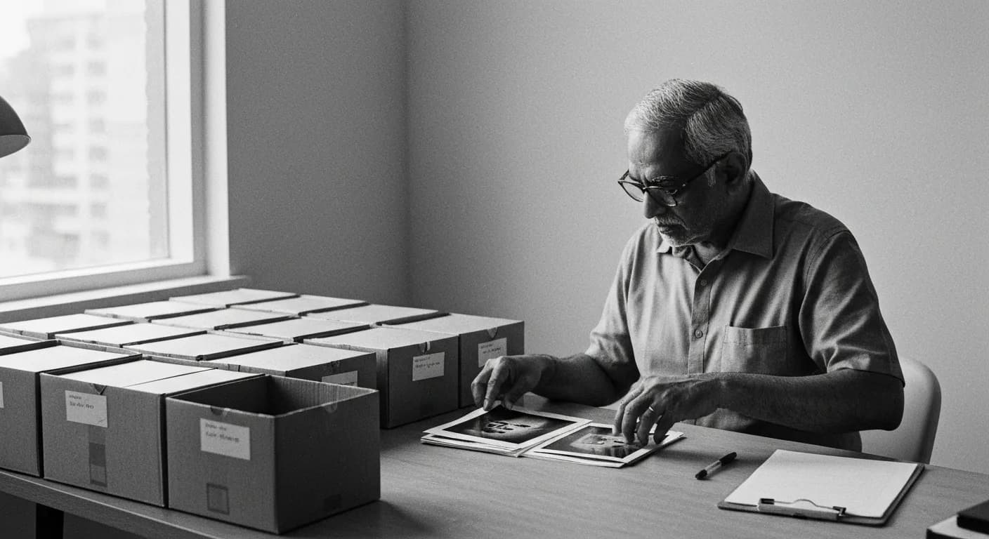 Man organizing printed photos into categorized boxes at a desk, sorting and classifying images by hand.