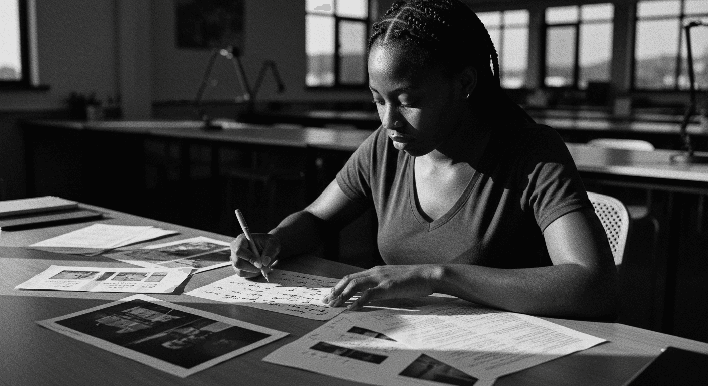 Woman at desk comparing marked-up printed images and notes, checking her annotation work against reference materials as eveni
