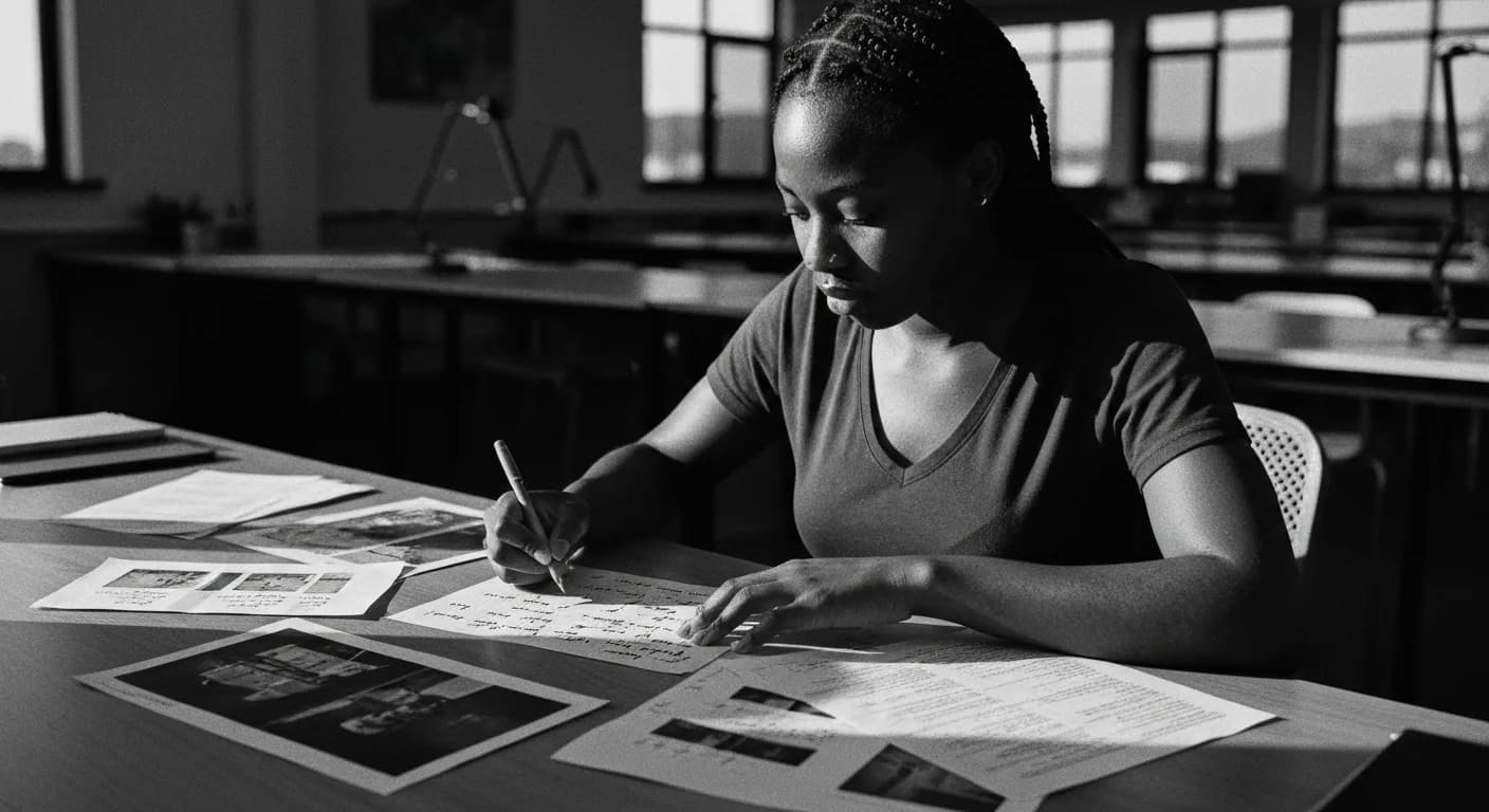 Woman at desk comparing marked-up printed images and notes, checking her annotation work against reference materials as eveni
