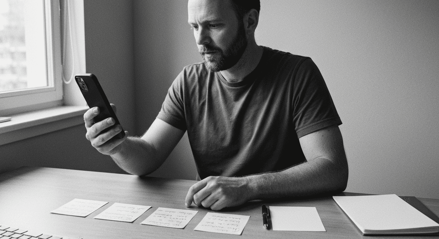 Man at desk holding phone, reviewing handwritten index cards in sequence, preparing for timed interview practice.