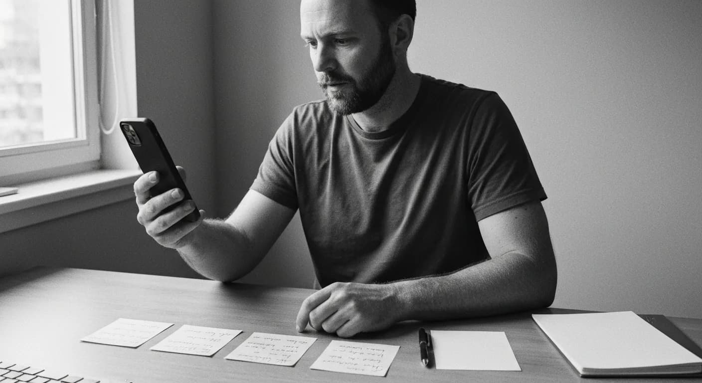 Man at desk holding phone, reviewing handwritten index cards in sequence, preparing for timed interview practice.