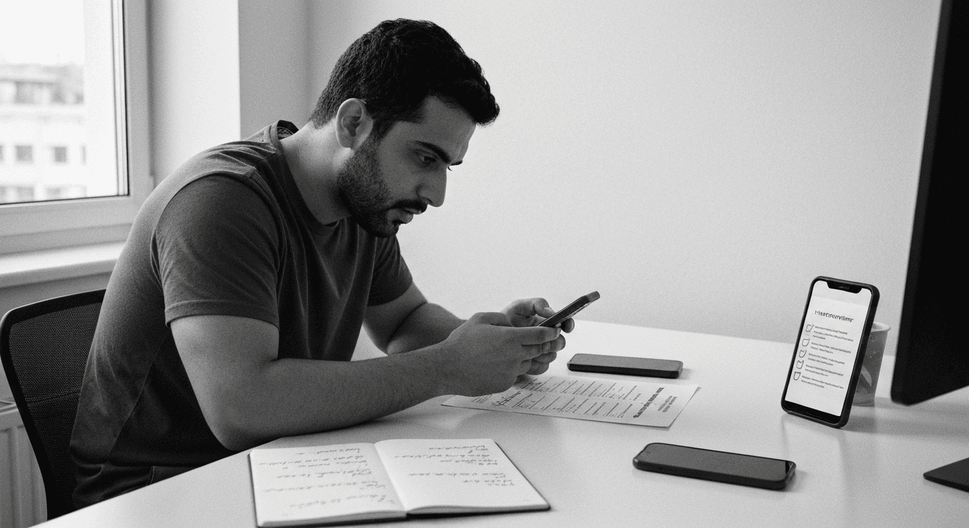 Man at desk comparing smartphone screen with printed checklist, two phones visible, handwritten notes nearby, checking off pr
