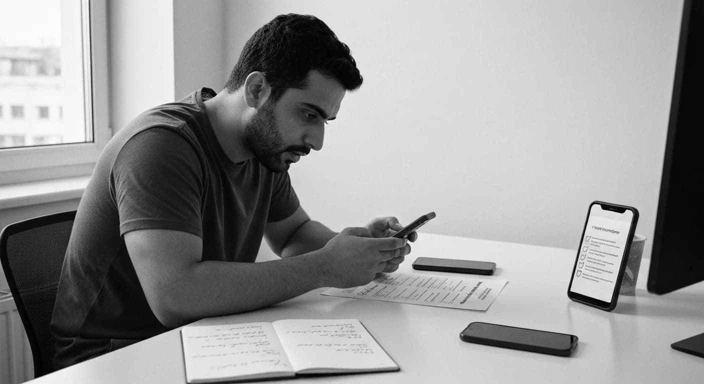 Man at desk comparing smartphone screen with printed checklist, two phones visible, handwritten notes nearby, checking off pr