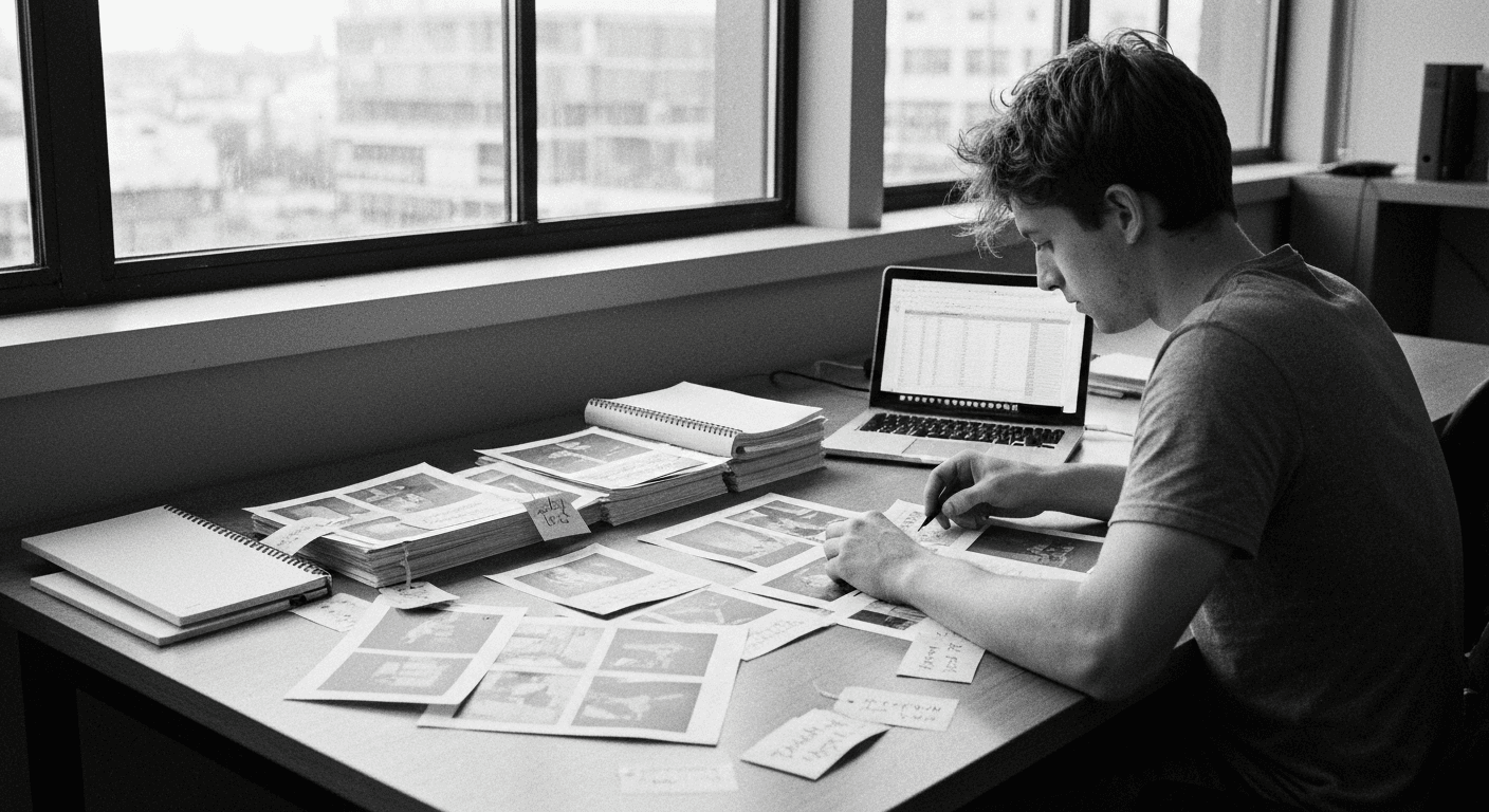 Man organizing printed photos into labeled piles at a desk, with a laptop and notebook nearby by a bright window.