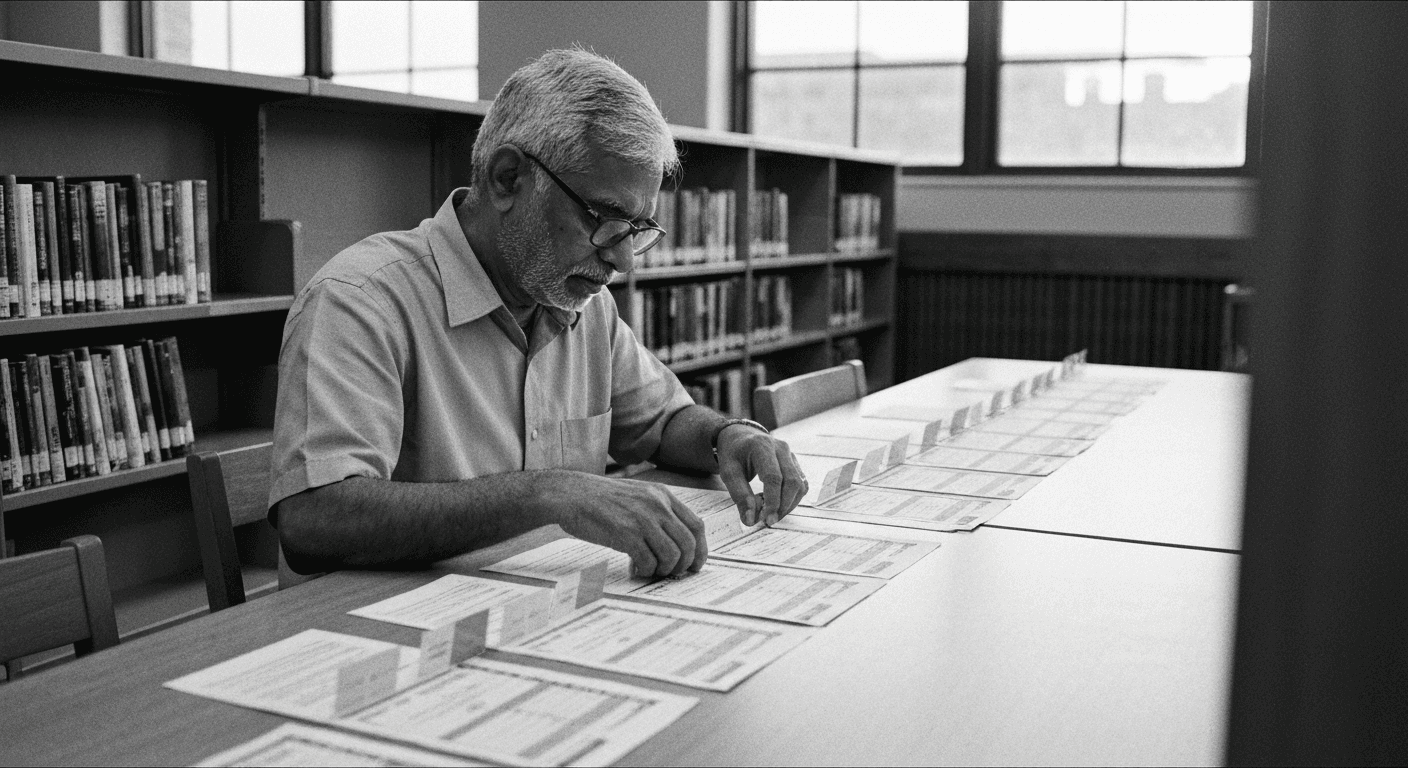 Man arranging papers in sequence on a table, studying the progression, library shelves in background