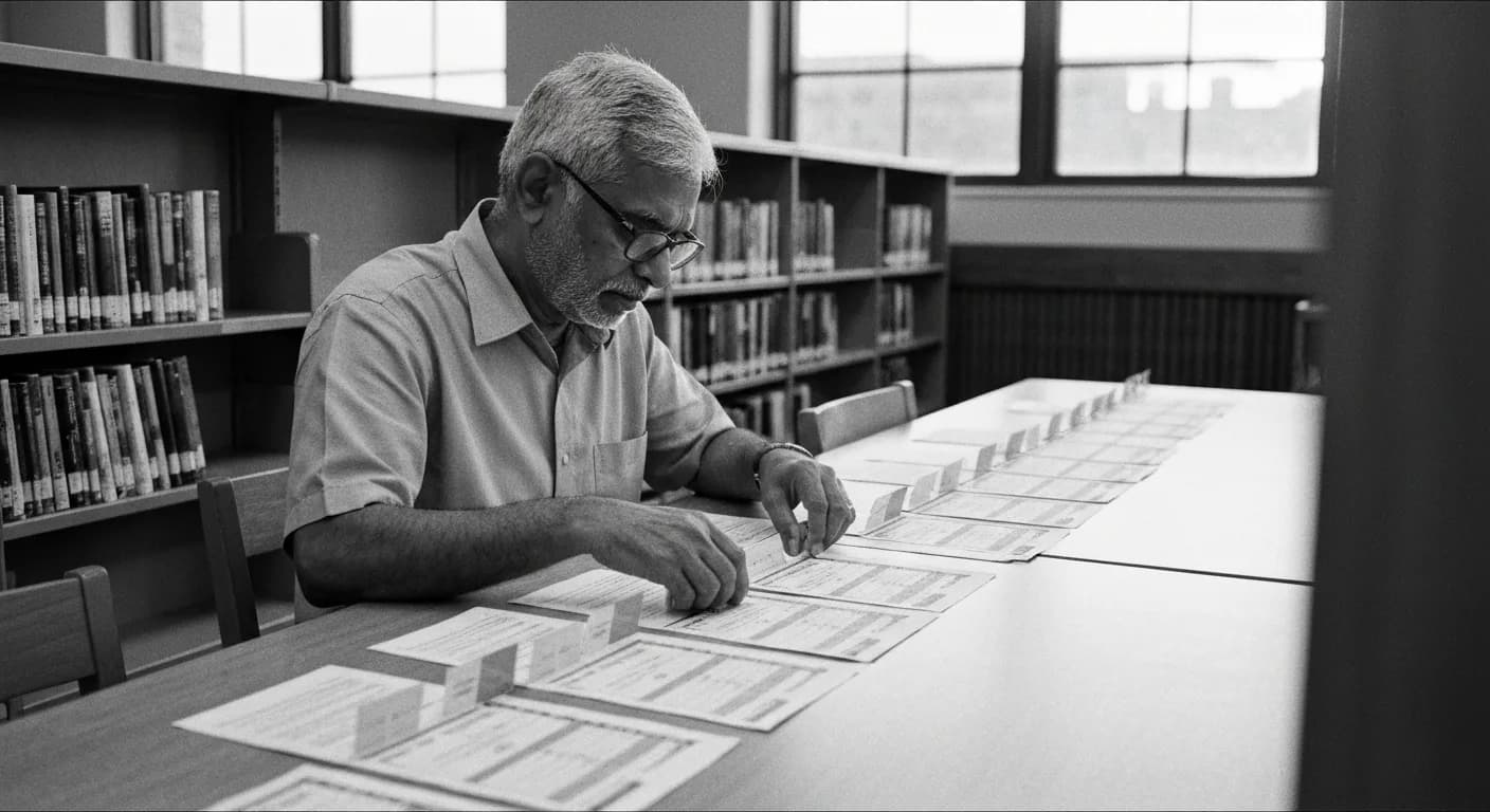 Man arranging papers in sequence on a table, studying the progression, library shelves in background