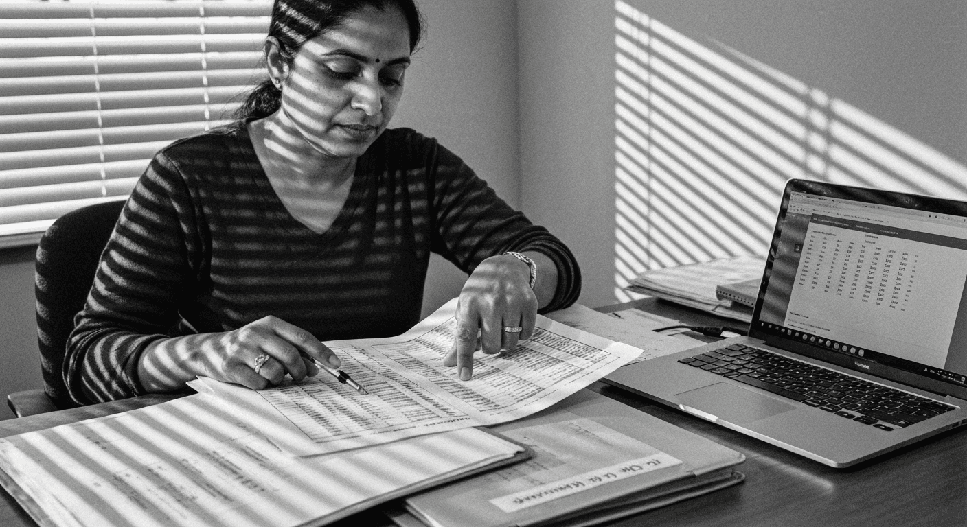 Woman organizing and sorting printed data sheets into folders at a desk, with a laptop nearby, venetian-blind shadows across