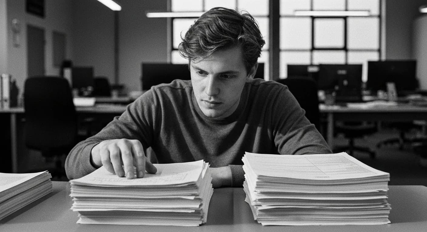 Man comparing two stacks of printed documents side-by-side, tracing between handwritten corrections and machine-printed pages