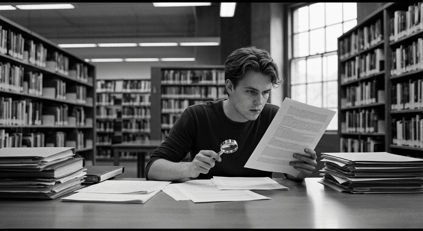 Man at library table carefully examining a document with magnifying glass, comparing it against another paper, surrounded by