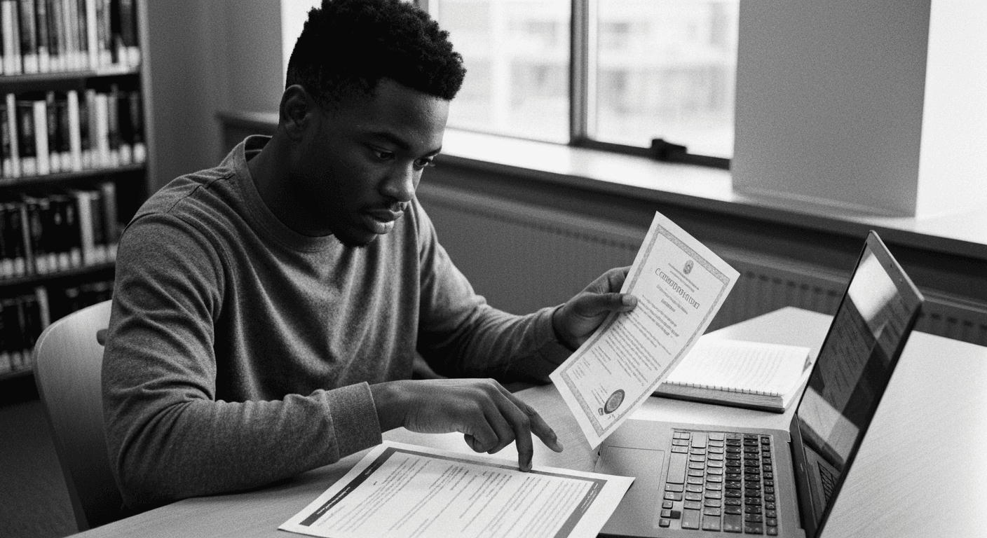 Man comparing a certificate with documents and laptop screen at a library table, carefully verifying information across multi