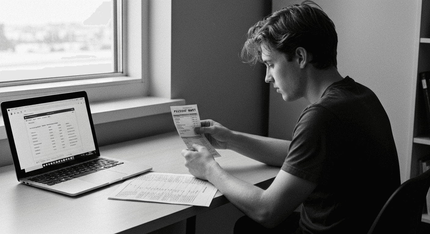 Man at desk comparing a printed document to fanned papers, cross-checking numbers with focused attention.
