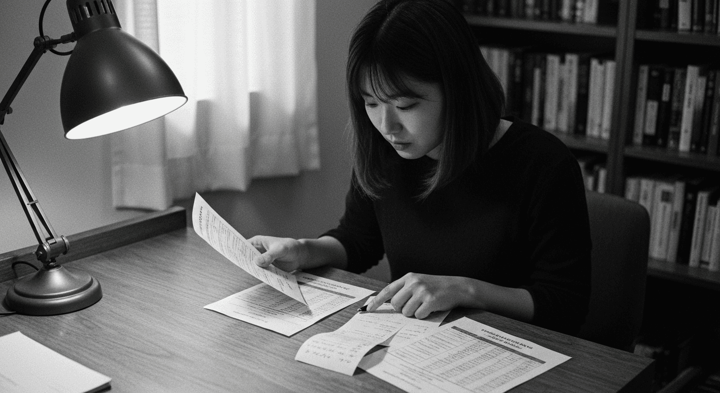 Woman at desk examining multiple financial documents and receipts under warm lamp, checking details against a handwritten lis