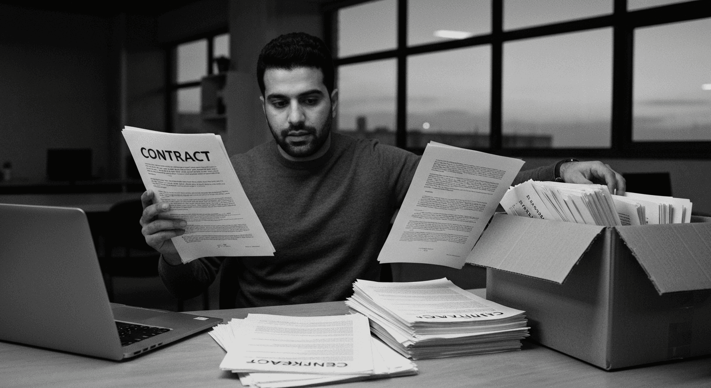 Man at desk sorting through pile of papers into separate stacks, evening light from window behind him, closed laptop nearby.