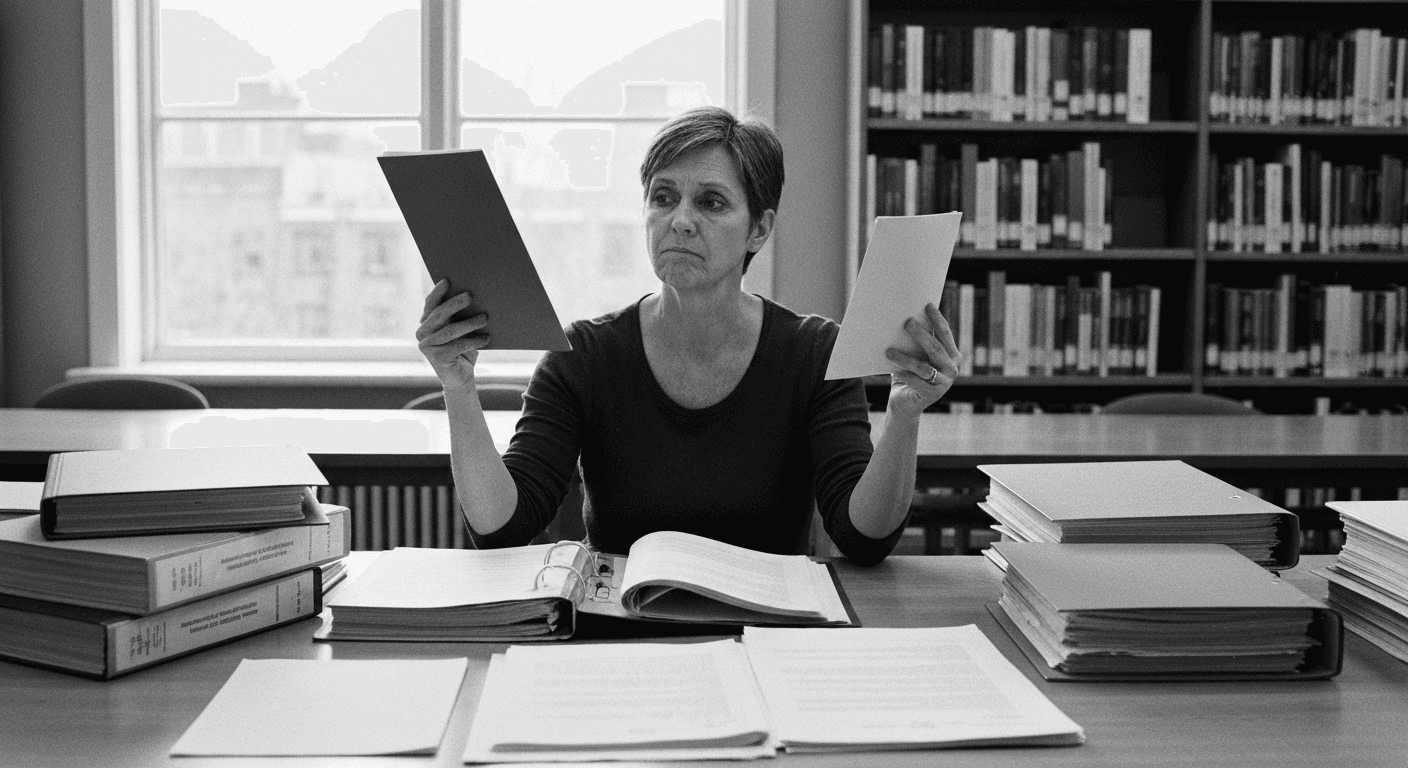 Woman holding up a thin folder to examine it closely, surrounded by thicker reference materials on a library table, with tall