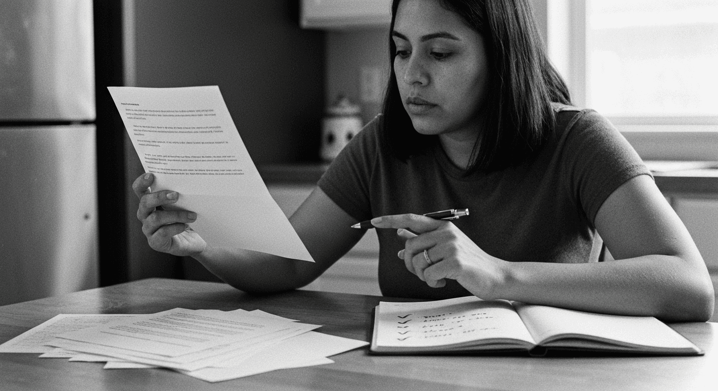 Woman at kitchen table comparing a single printed document to a stack of past emails, making notes with a pen in early mornin
