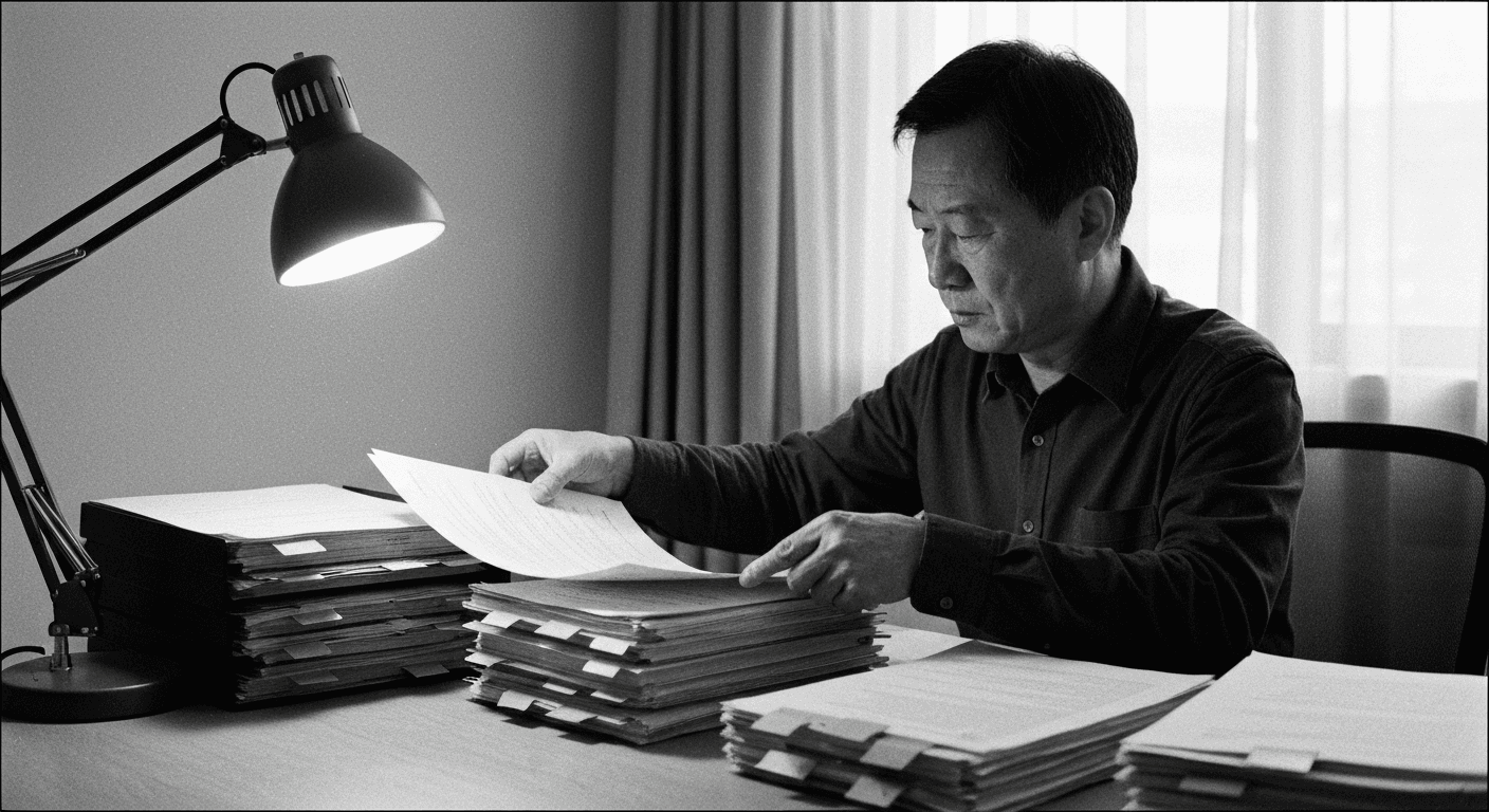 Man organizing stacked papers into labeled categories at a desk with dividers and filing system visible.