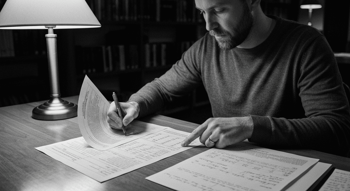 Man at desk comparing three documents with pen, marking scores and cross-referencing between pages under warm lamp light.