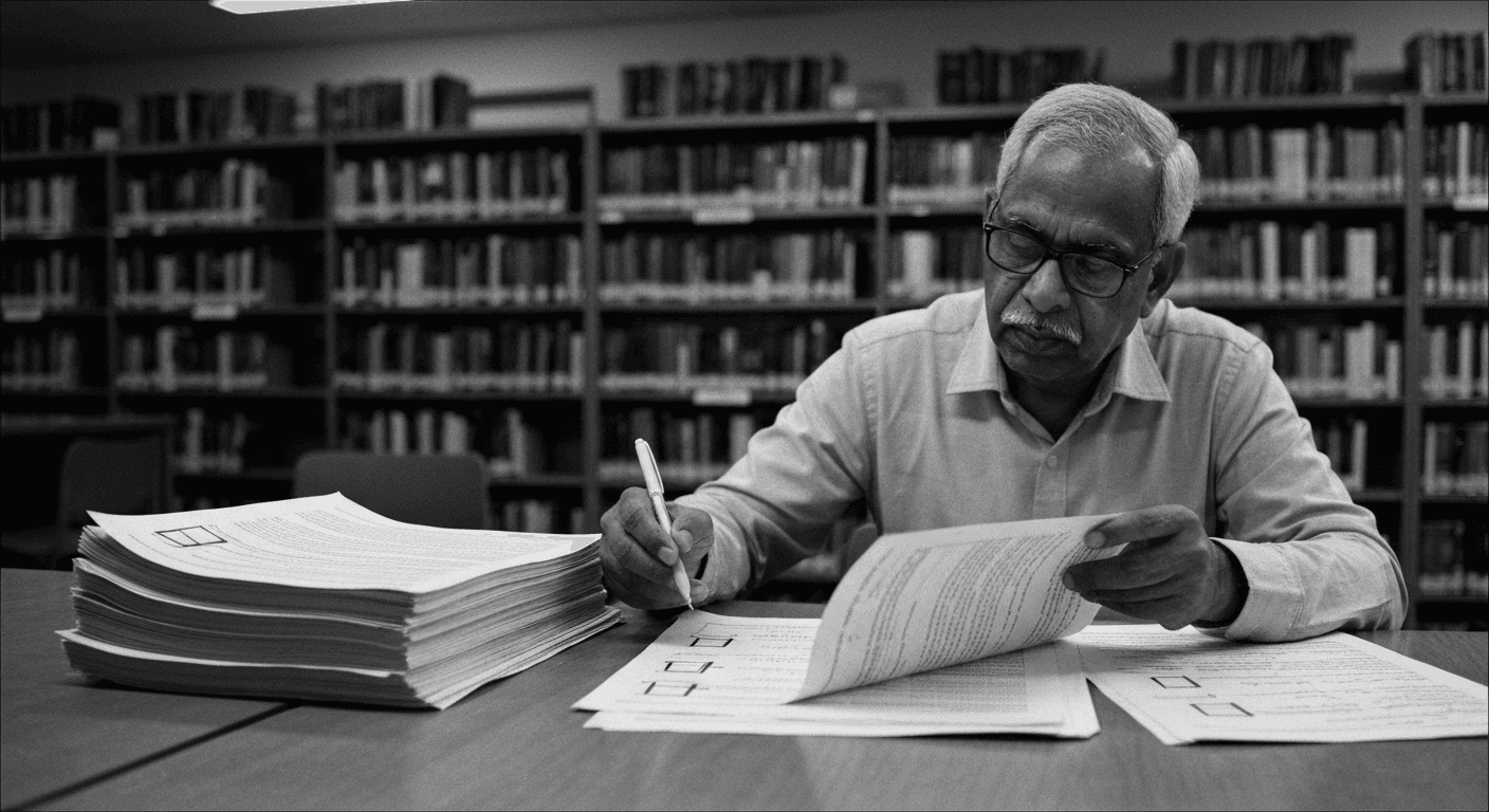 Man at library table organizing and comparing multiple printed pages with handwritten notes, carefully reviewing documents si