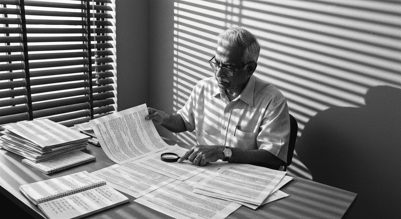 Older man with glasses comparing multiple printed documents spread across desk, magnifying glass in hand, venetian blind shad