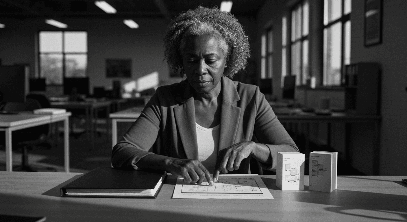 Woman at desk arranging three connected prototype objects in sequence, tracing flow between them with finger as dusk light st