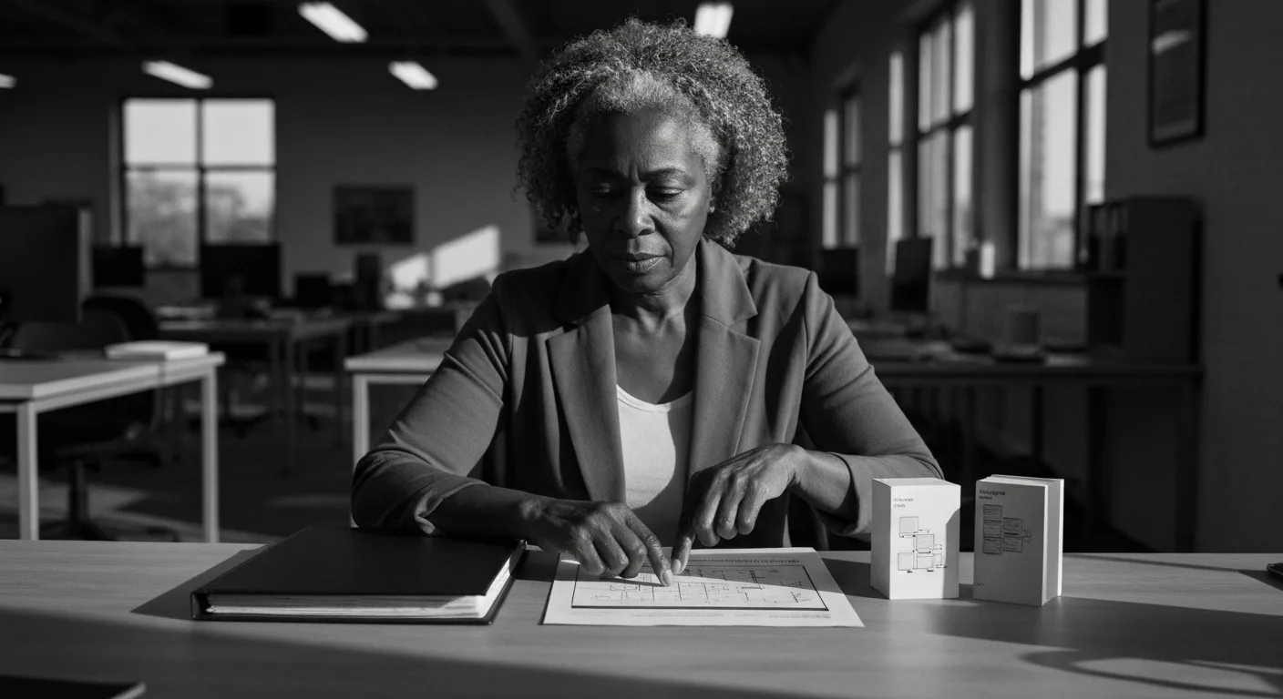 Woman at desk arranging three connected prototype objects in sequence, tracing flow between them with finger as dusk light st