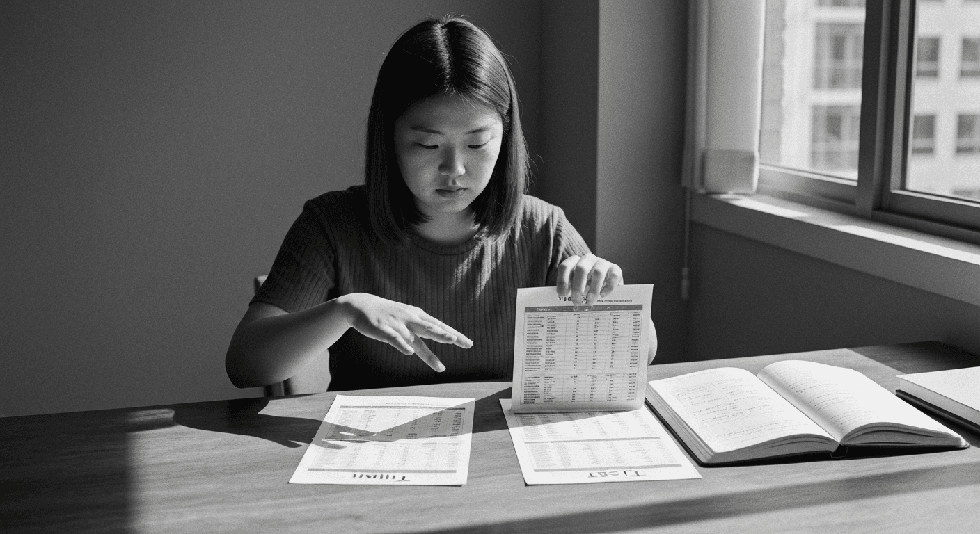Woman at desk separating printed metric sheets into two piles, comparing train and test data results in afternoon sunlight.