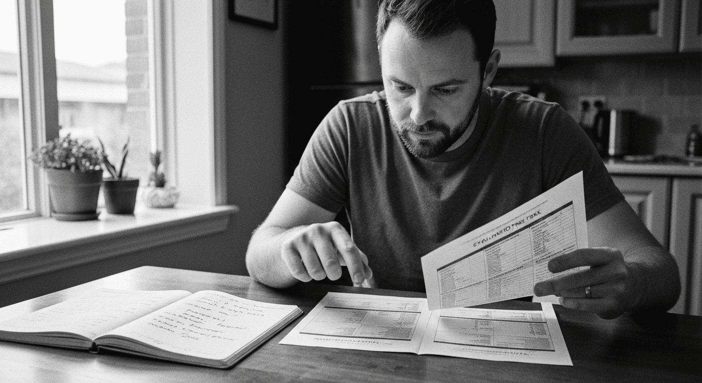 Man at kitchen table comparing two printed documents side by side with his finger, notebook with notes visible nearby, mornin