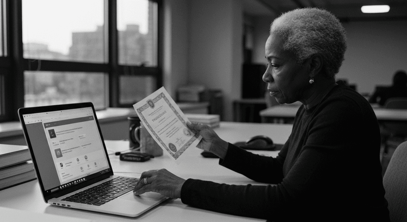 Woman holding up a printed certificate to the light while seated at a desk with a laptop nearby in a dimly lit office