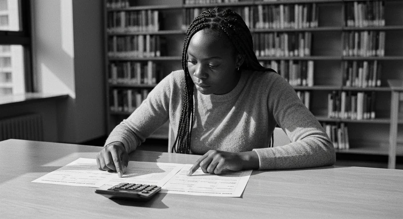 Woman at library table comparing two printed documents with a calculator, pointing between them to analyze figures.