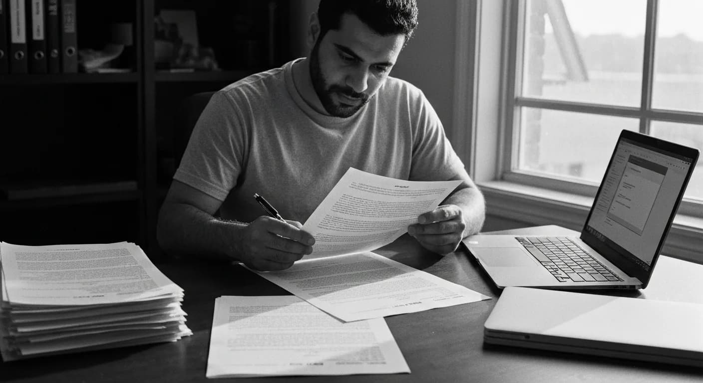 Man reviewing printed text samples at a home desk, making notes on evaluation forms with multiple passages organized in piles