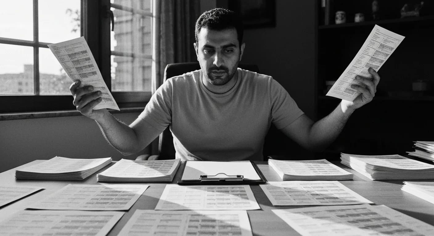 Man comparing two printed documents side-by-side while marking a clipboard, surrounded by sorted stacks of papers on a sunlit