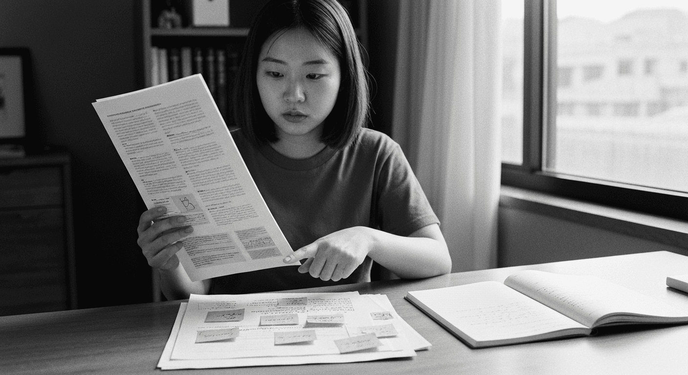 Woman at desk comparing a printed page to her handwritten notes, with stacks of marked papers and a ranking checklist beside