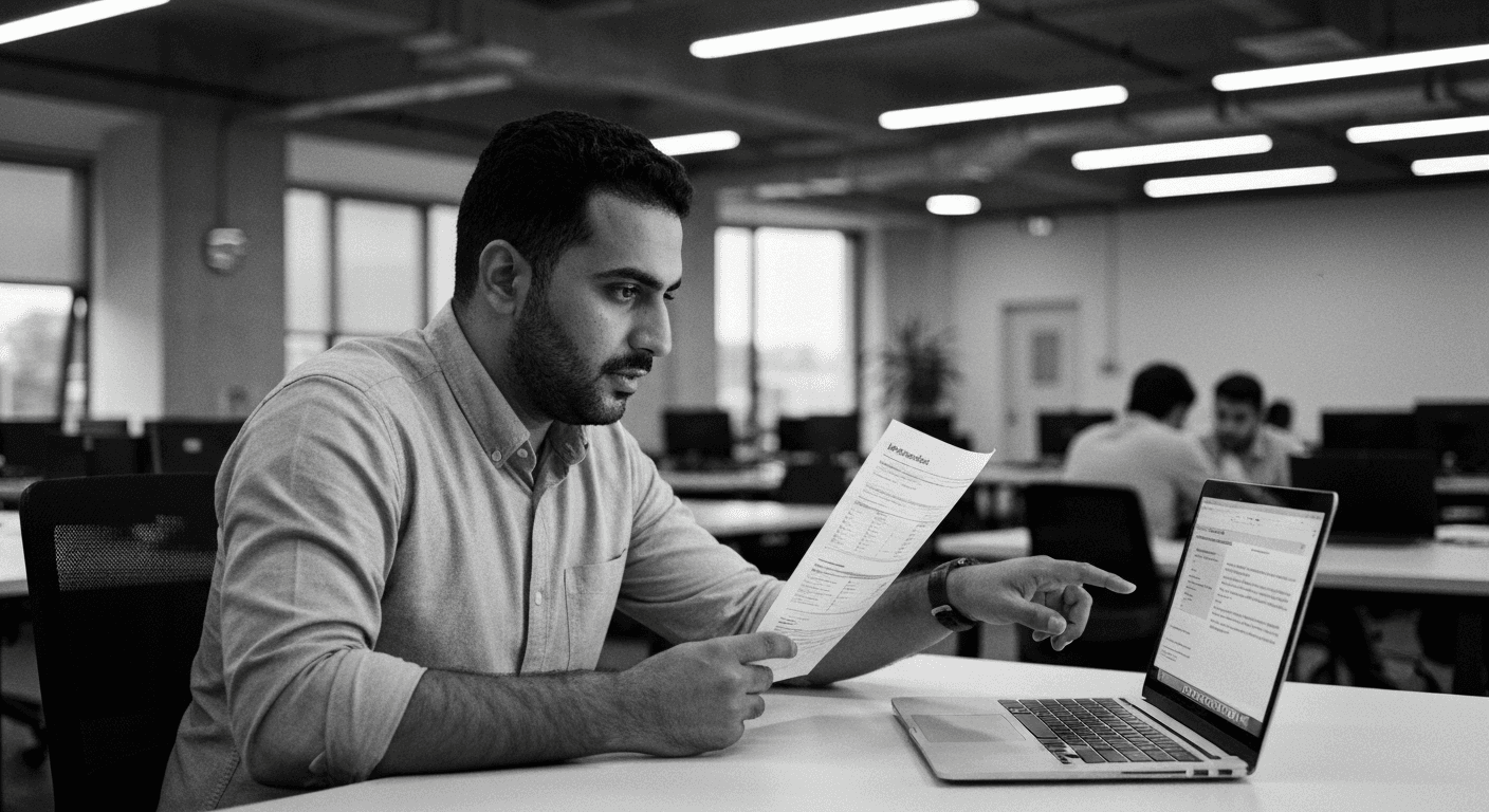 Man at desk comparing printed notes to laptop screen, pointing at text during dusk office lighting.