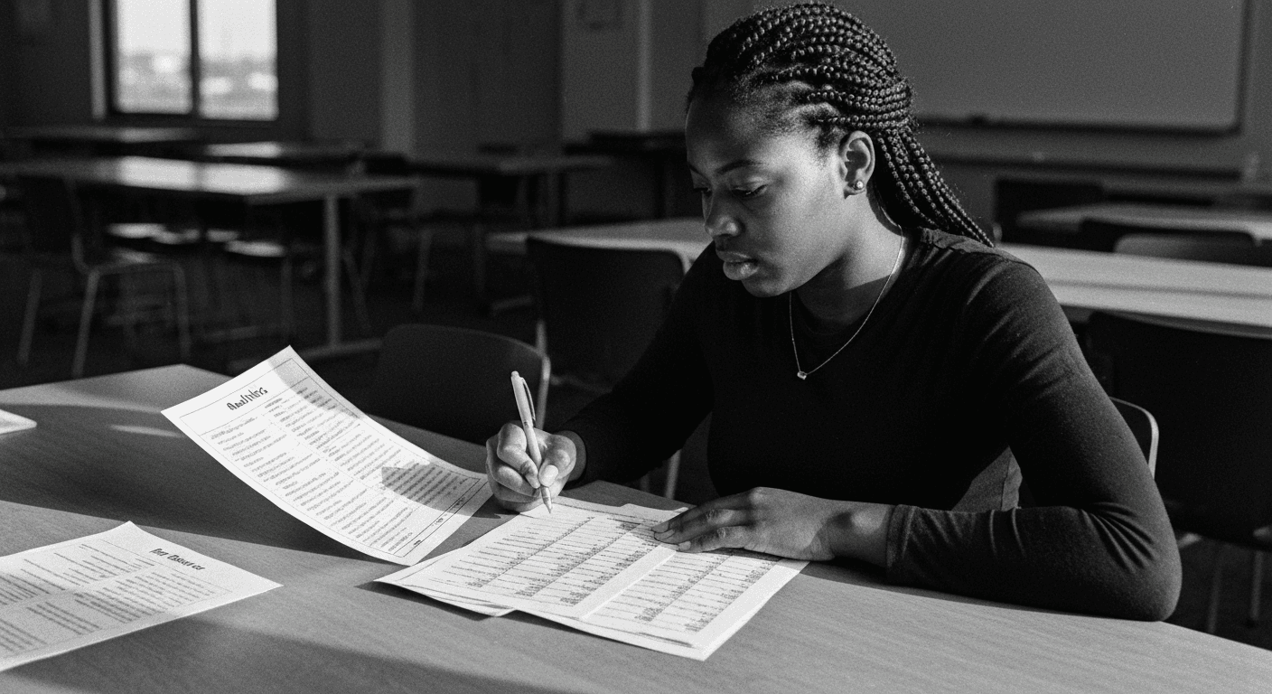 Woman holding rubric checklist while marking scored outputs on table, comparing multiple responses against predefined criteri