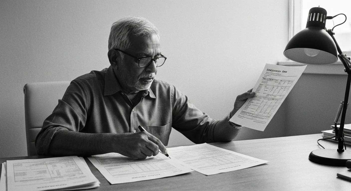 Man at desk comparing multiple printed documents, organizing them into separate piles while holding one sheet up to examine i