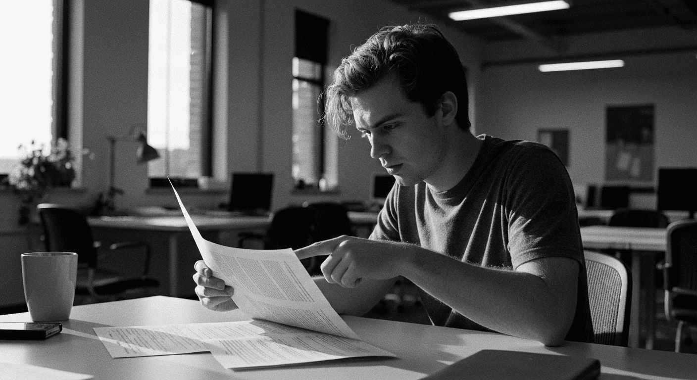 Man at desk comparing a printed document against multiple reference papers spread before him, pointing intently at text durin