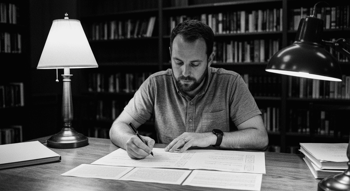Man comparing two printed documents at a desk, writing notes on evaluation criteria between them under warm reading light.