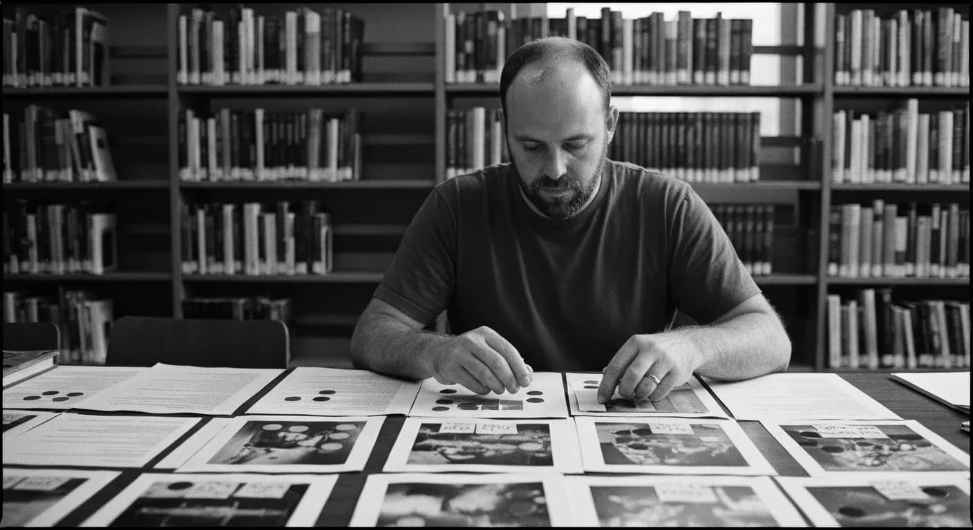 Man labeling and categorizing printed photos and documents with colored stickers and notes at a library table.