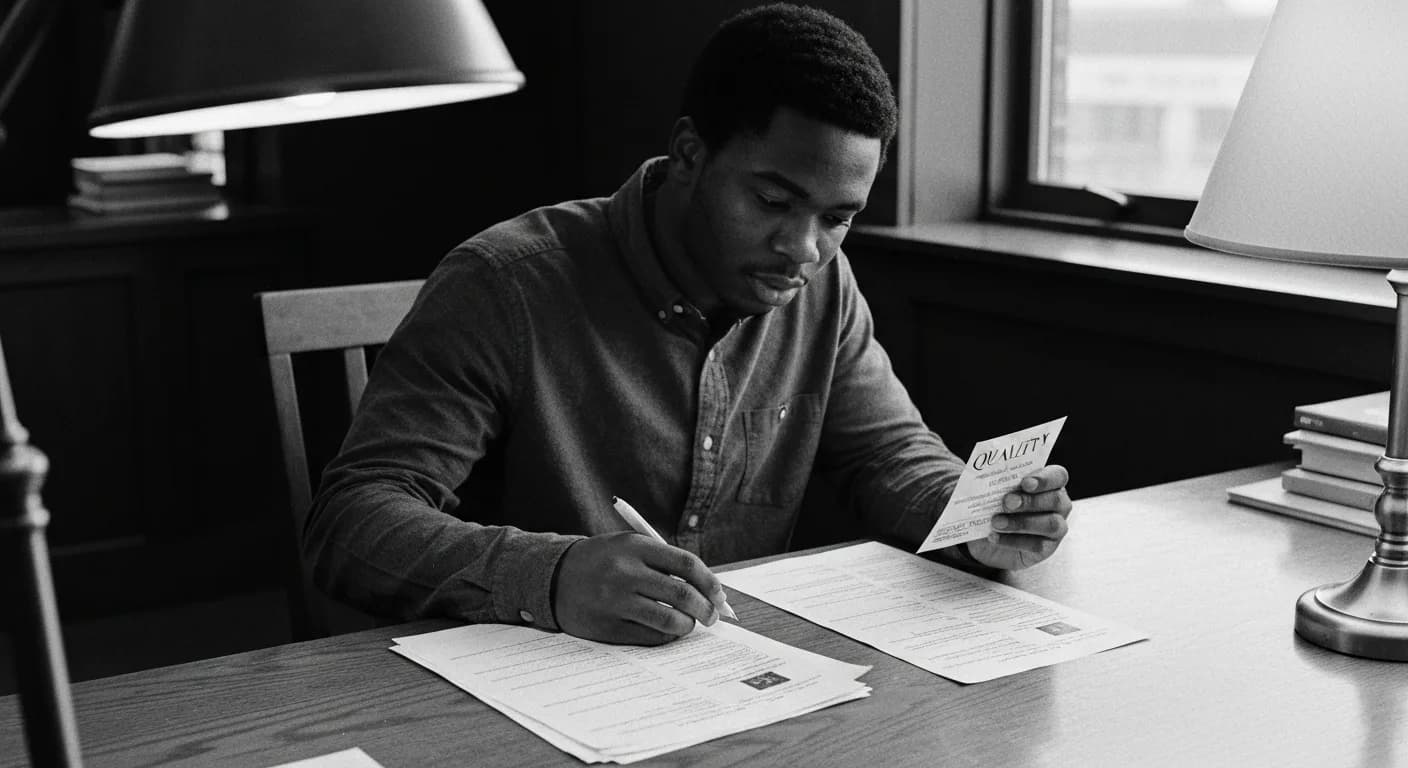 Man at desk organizing printed documents into distinct piles, holding a reference card, marking notes during review process u
