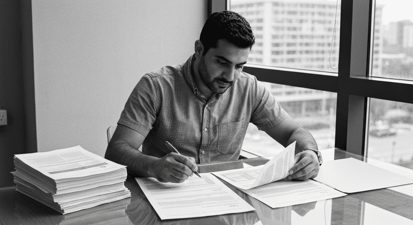 Man comparing stacked papers at a desk, marking discrepancies with a pen, three distinct piles arranged for side-by-side eval