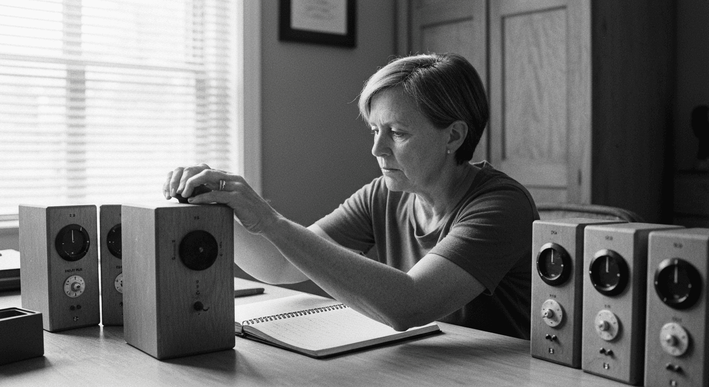 Woman adjusting a precision dial on a wooden calibration device at her desk, monitoring small incremental changes to a measur