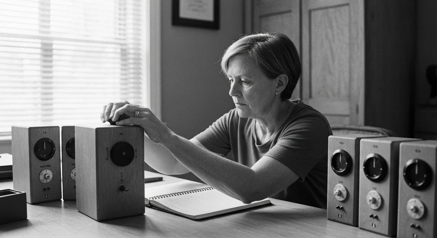 Woman adjusting a precision dial on a wooden calibration device at her desk, monitoring small incremental changes to a measur