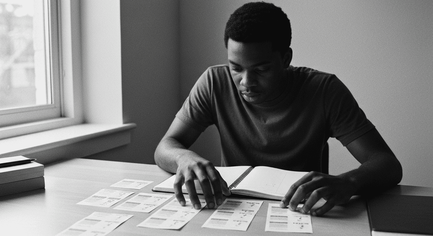 Man at desk comparing two stacks of cards side by side, one hand raised between them in a deliberate evaluation gesture.