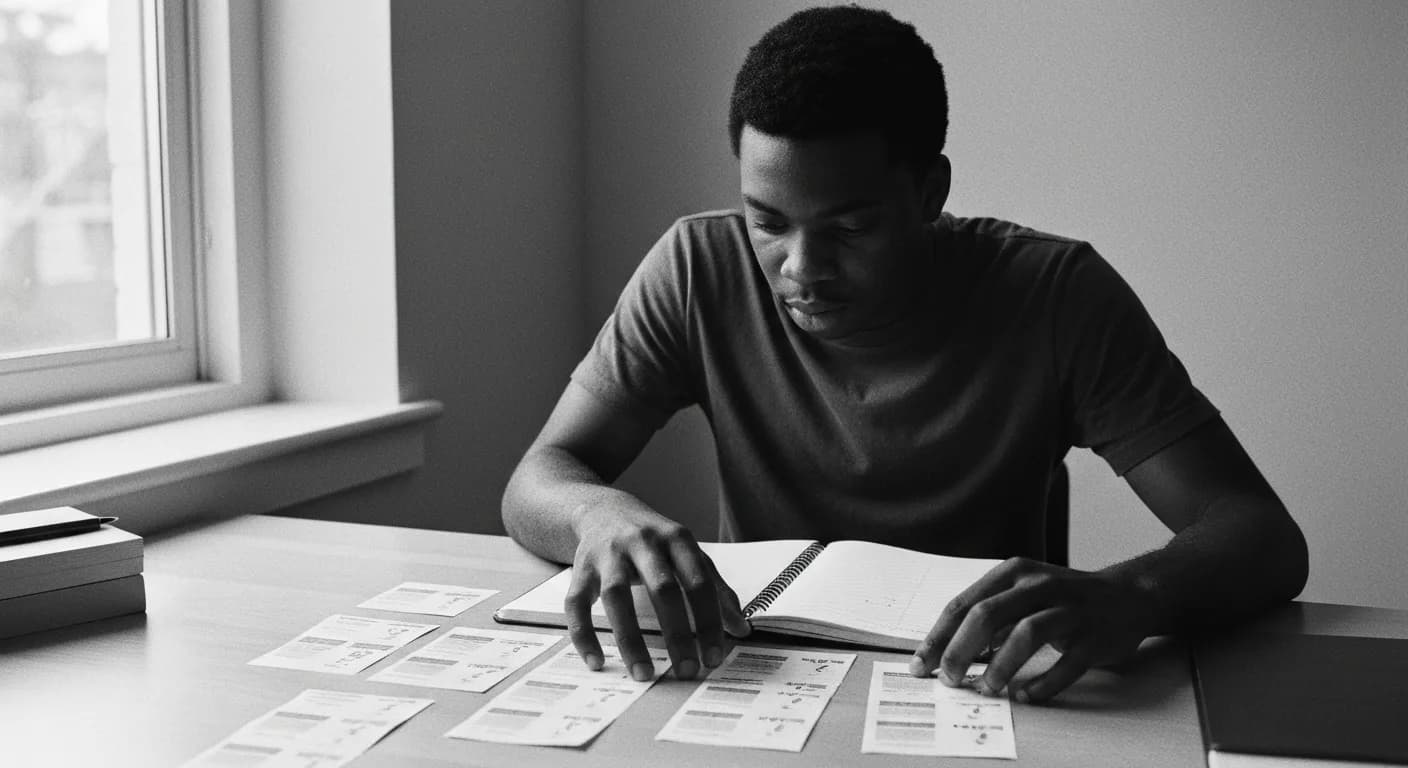 Man at desk comparing two stacks of cards side by side, one hand raised between them in a deliberate evaluation gesture.