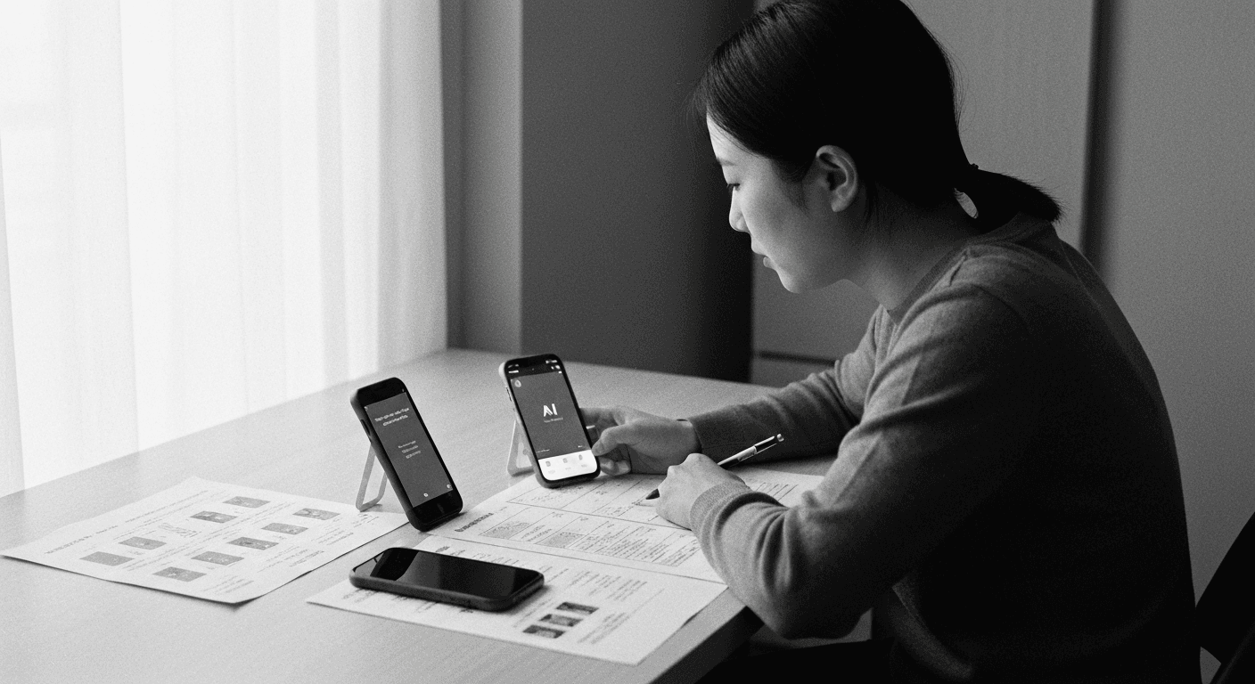 Woman at desk comparing two phones while marking notes on a printed form, with reference materials nearby